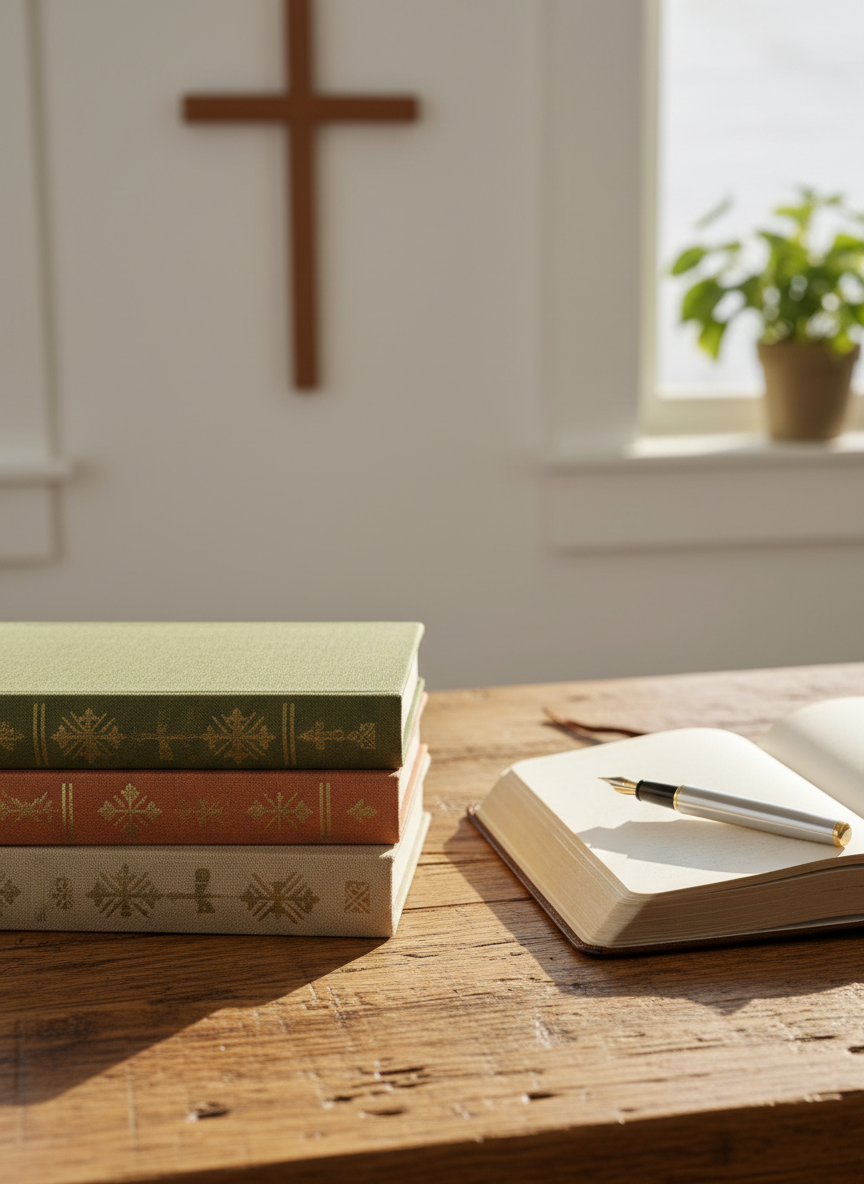 A close-up, slightly elevated view of a small stack of Christian non-fiction books arranged on a rustic oak table, their spines in muted earth tones with subtle decorative patterns instead of readable titles. A leather-bound journal lies open beside them with a fountain pen resting diagonally across blank, cream-colored pages, suggesting room for reflections. Soft morning sunlight streams in from the left, illuminating the textured book covers and creating gentle shadows. In the blurred background, a simple wooden cross on the wall and a potted plant provide context. The composition follows the rule of thirds, with a calm, professional, photographic aesthetic that conveys careful, pastoral reading and thoughtful review.