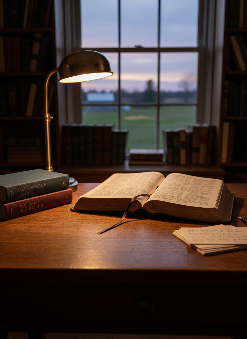 A sturdy wooden writing desk spread with an open, well-worn Bible, several hardback Christian books with cloth covers, and a neat stack of index cards filled with handwritten notes implied by their positioning. A simple brass desk lamp casts warm, focused light across the pages, while soft evening light filters through a nearby window, revealing a glimpse of quiet Indiana countryside beyond. Shot at eye level with a shallow depth of field, the foreground text edges are in sharp focus while the background shelves of additional theology and devotional books blur into a gentle bokeh, creating a peaceful, pastoral, photographic realism suited for a thoughtful Christian book review blog.