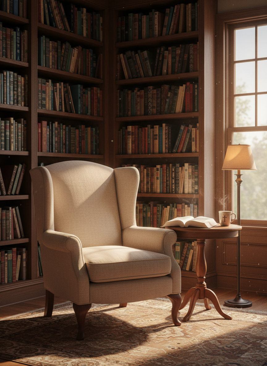 An inviting reading nook featuring a high-backed, fabric-covered armchair suggested by its curved armrest and textured upholstery, positioned next to a small round side table holding a single open Christian book and a ceramic mug with faint steam rising. The setting is a cozy corner of a study lined with neatly arranged bookshelves full of theology, biblical studies, and devotional volumes whose covers show only color and pattern, no text. Late afternoon light pours through a nearby window, casting a warm glow and soft shadows across the space. Captured with a medium-wide, eye-level shot and moderate depth of field, the scene feels serene, reflective, and academically grounded, ideal for a pastor’s review and reflection blog.
