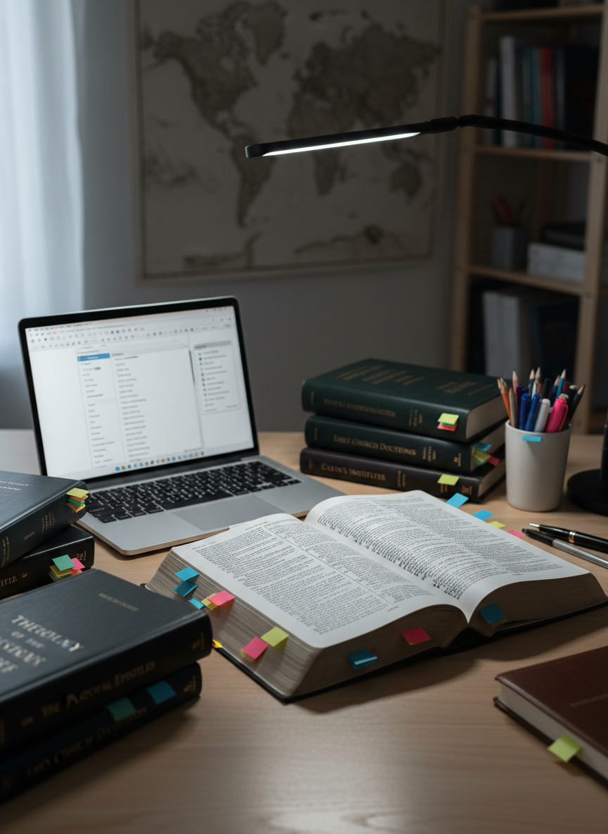 A meticulously organized study table with a spread of academic-looking Christian books, each marked with color-coded sticky tabs along their page edges, surrounding a central open volume filled with dense, fine-printed text implied by patterned lines. A sleek laptop sits slightly off-center, its screen glowing softly with an indistinct document interface, suggesting in-depth writing and research. Overhead, diffused natural light from an unseen window combines with cool, balanced desk lighting, creating a crisp, professional atmosphere. The background shows a blurred wall map and a simple wooden shelf holding more reference works. Shot from a slightly elevated angle with sharp focus on the central open book, the photographic composition communicates rigorous, pastoral scholarship for serious book reviews.
